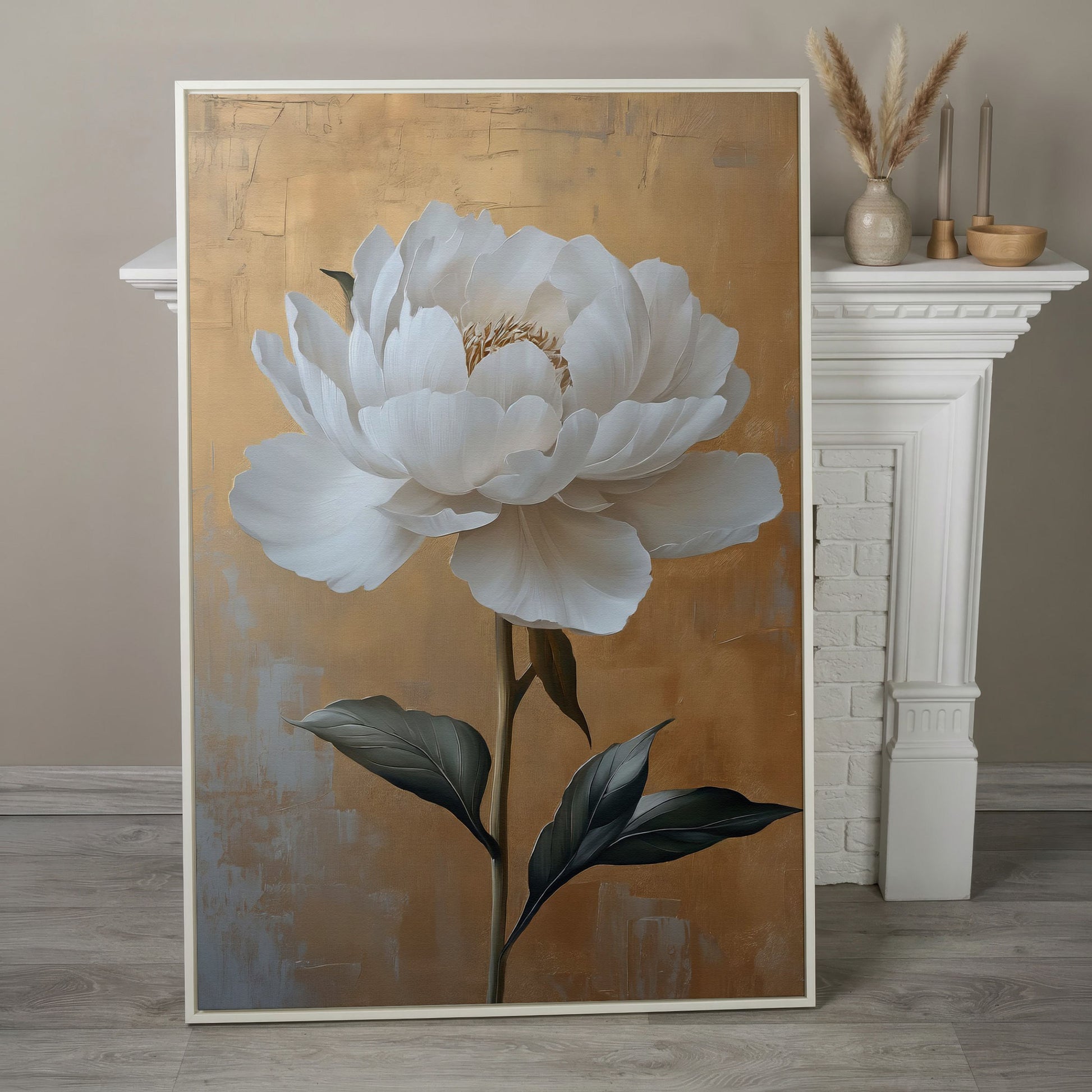 White Peony on Gold Canvas Print in white floating frame