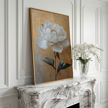 White Peony on Gold Canvas Print in yellow gold floating frame