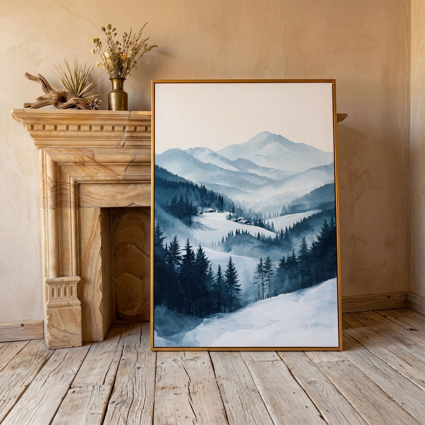 Snowy Mountain Landscape Canvas in antique gold floating frame