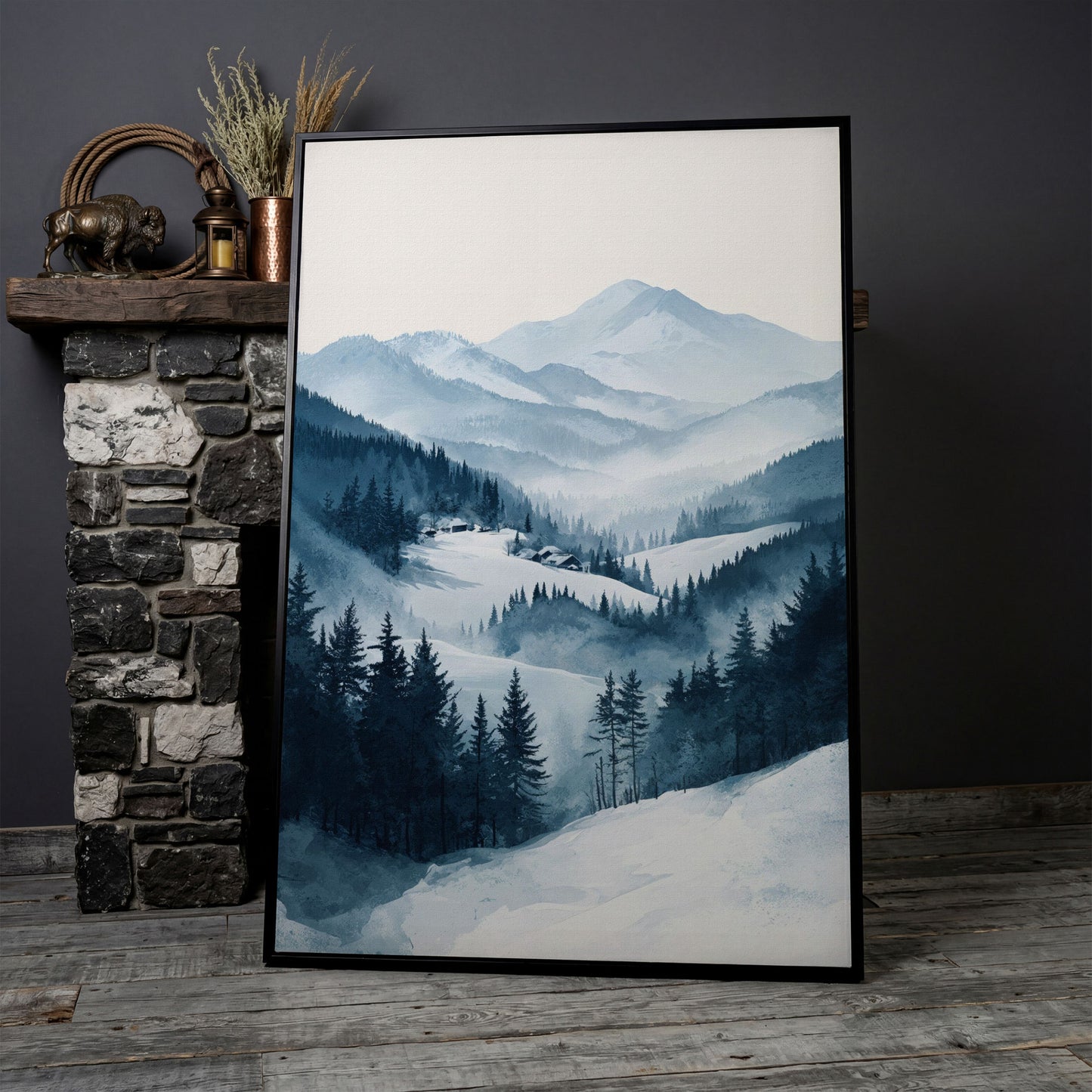 Snowy Mountain Landscape Canvas in black floating frame