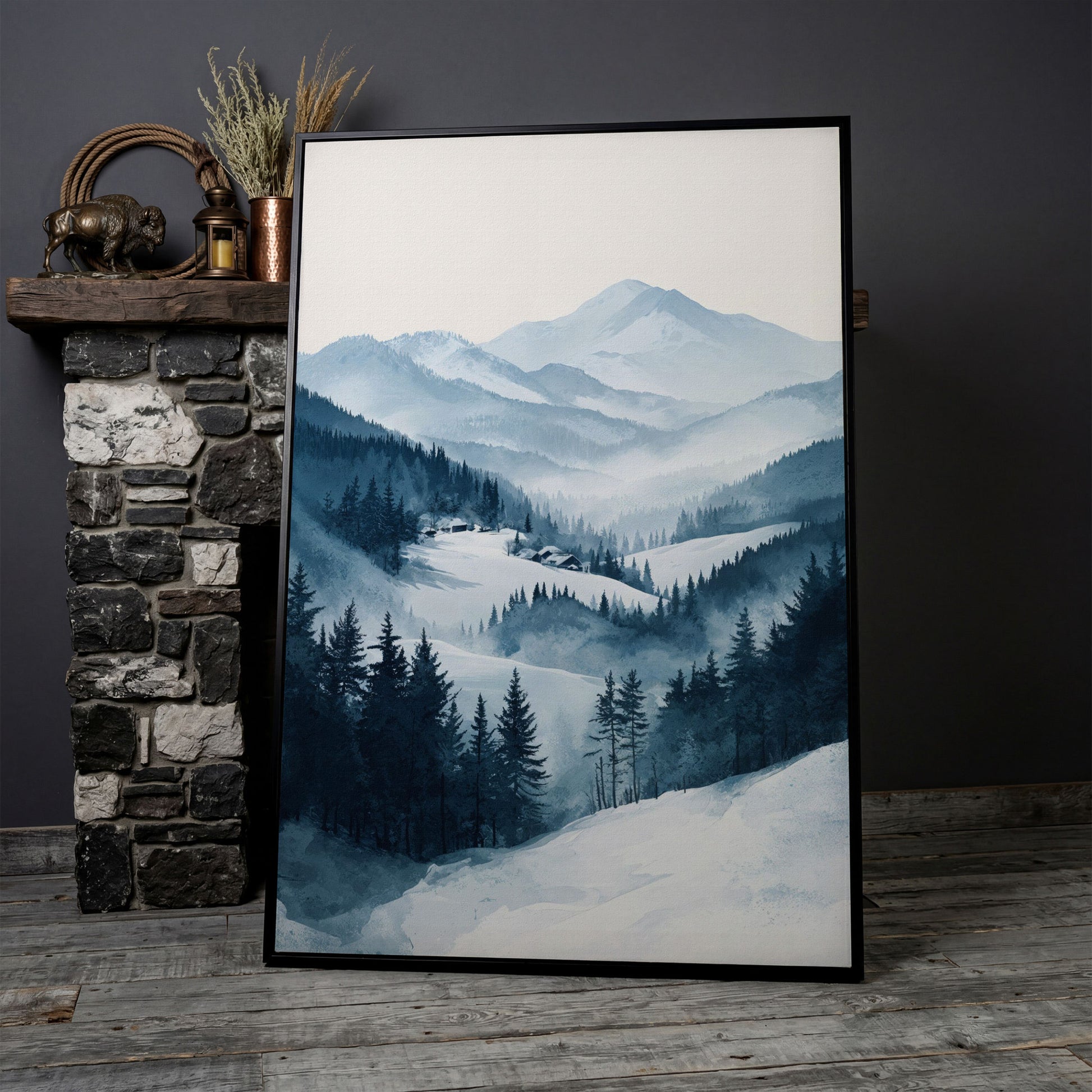 Snowy Mountain Landscape Canvas in black floating frame