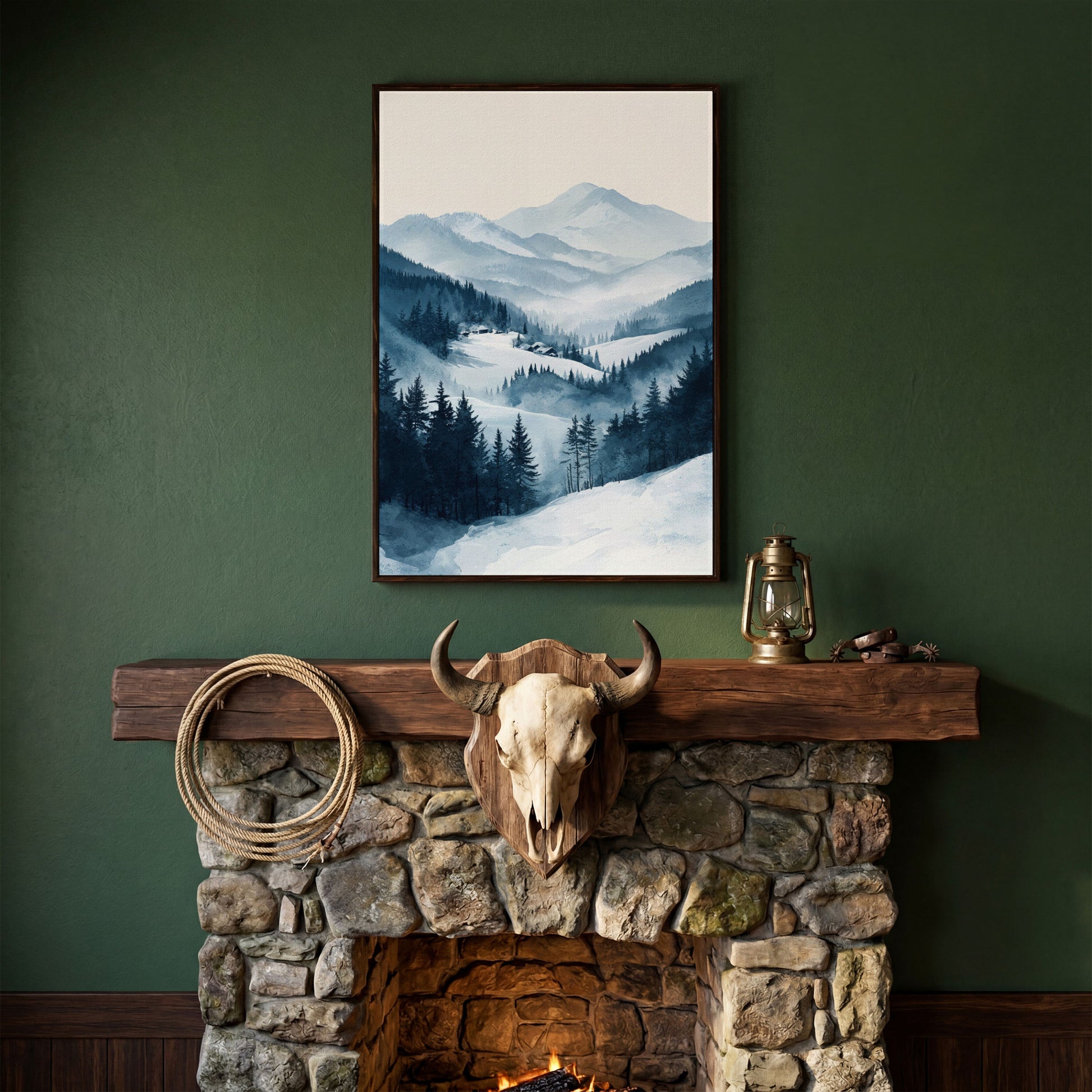 Snowy Mountain Landscape Canvas in dark walnut floating frame