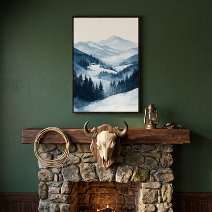 Snowy Mountain Landscape Canvas in dark walnut floating frame