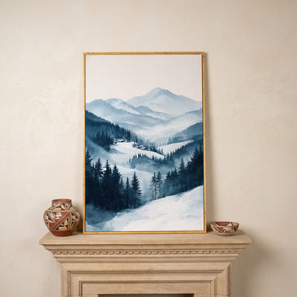 Snowy Mountain Landscape Canvas in white oak floating frame