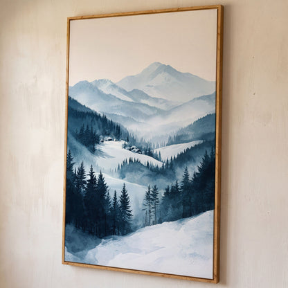Snowy Mountain Landscape Canvas shown in white oak floating frame