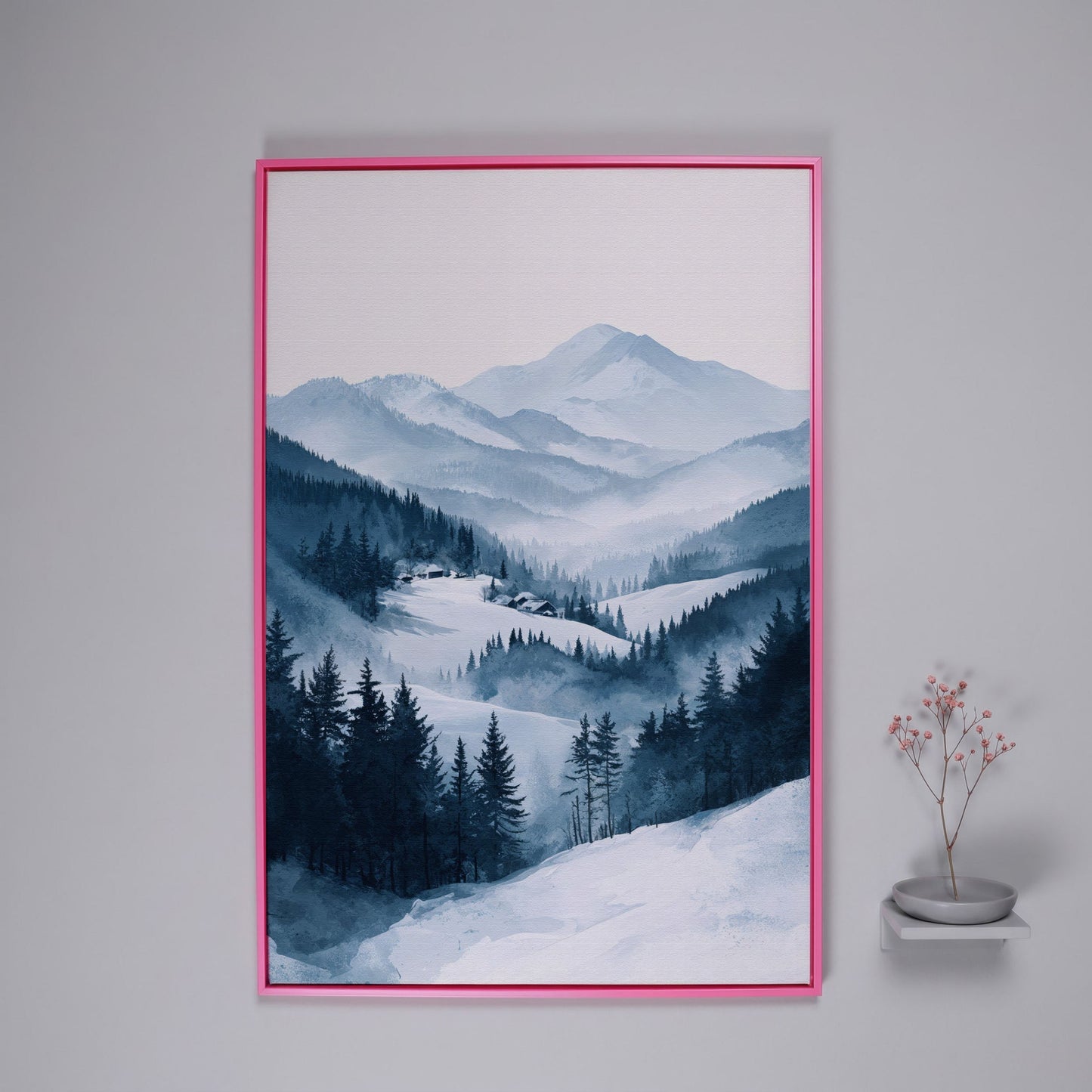 Snowy Mountain Landscape Canvas in pink floating frame