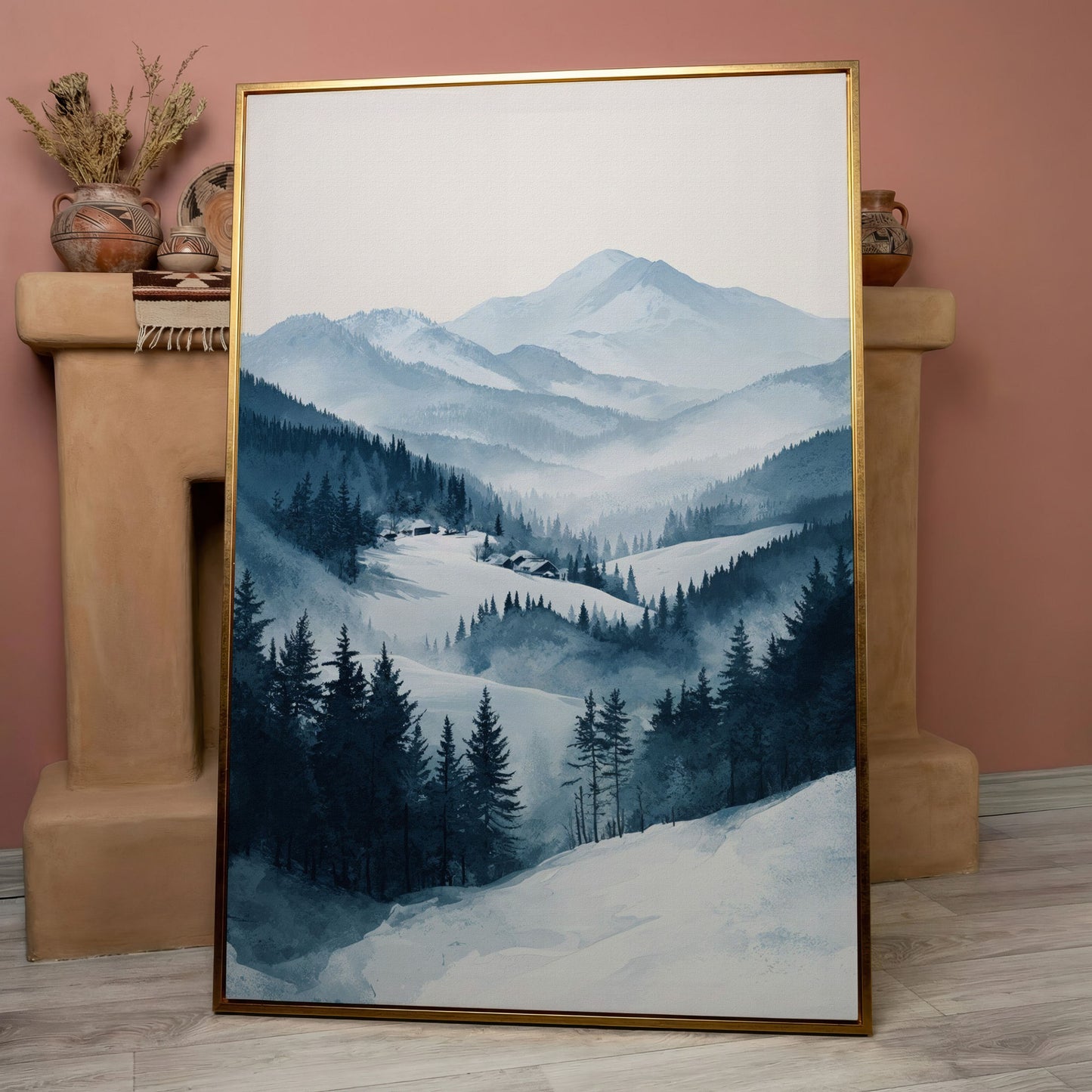 Snowy Mountain Landscape Canvas in rose gold floating frame