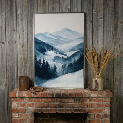 Snowy Mountain Landscape Canvas in silver floating frame
