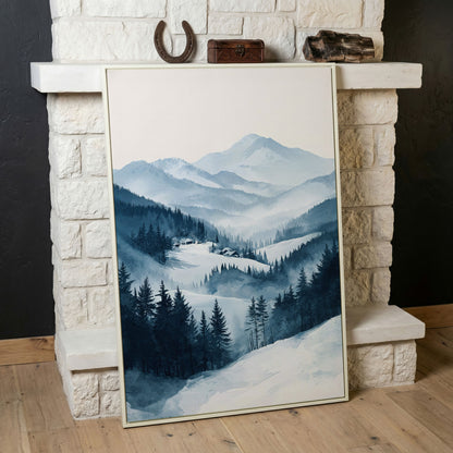 Snowy Mountain Landscape Canvas in white floating frame
