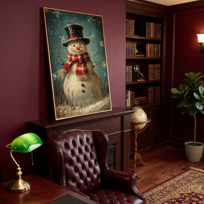 Cheerful Snowman with Scarf Canvas Print in antique gold floating frame