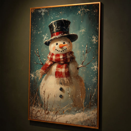 Cheerful Snowman with Scarf Canvas Print shown in antique gold floating frame