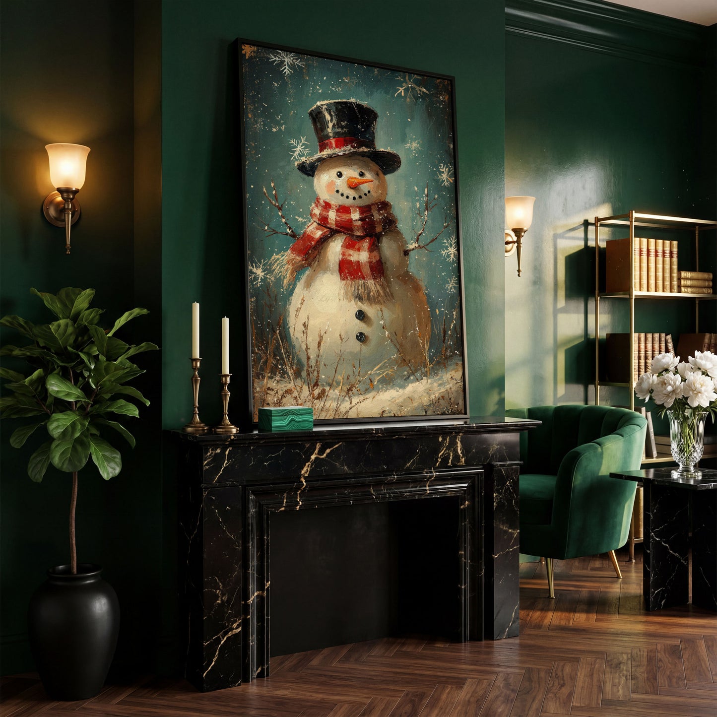 Cheerful Snowman with Scarf Canvas Print in black floating frame