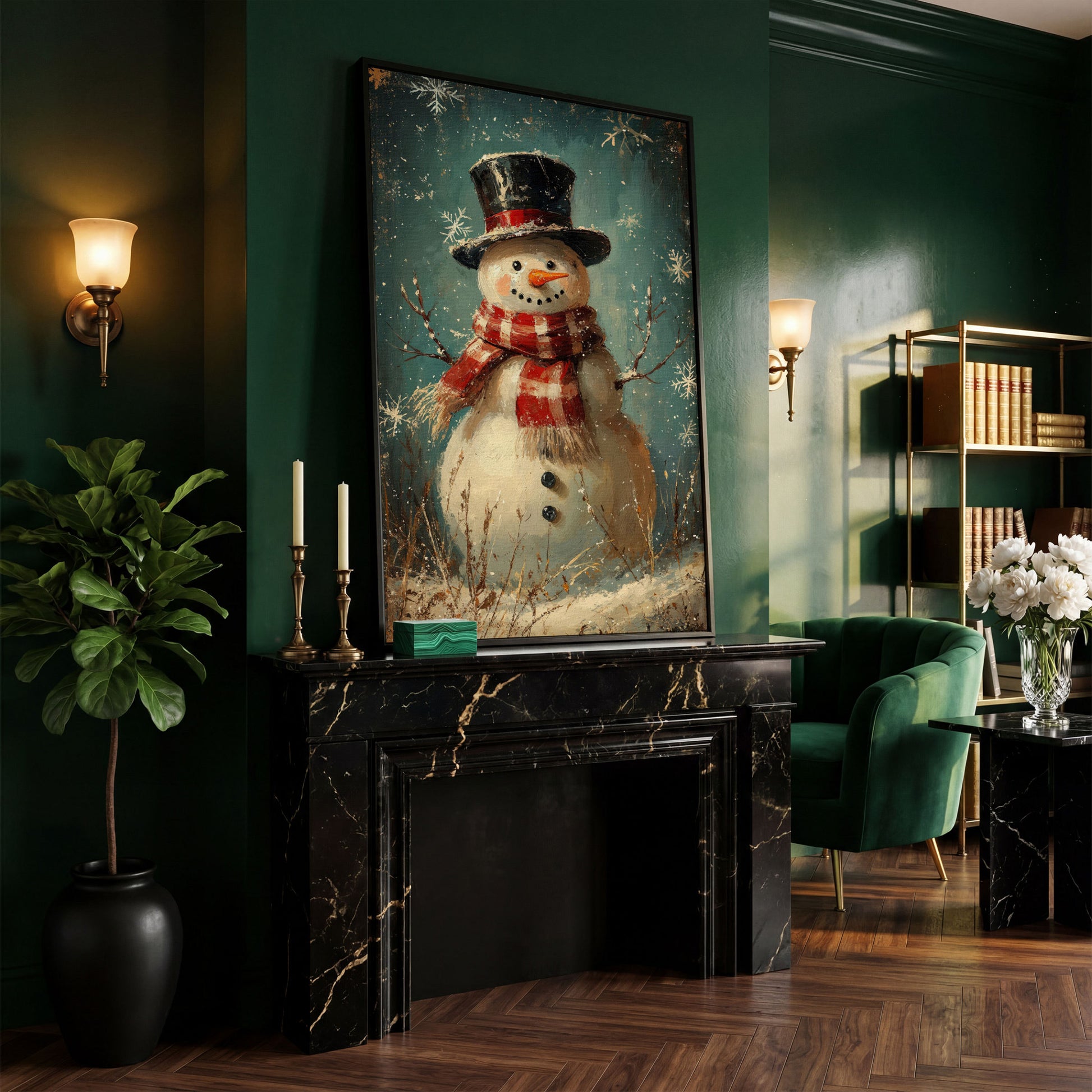 Cheerful Snowman with Scarf Canvas Print in black floating frame