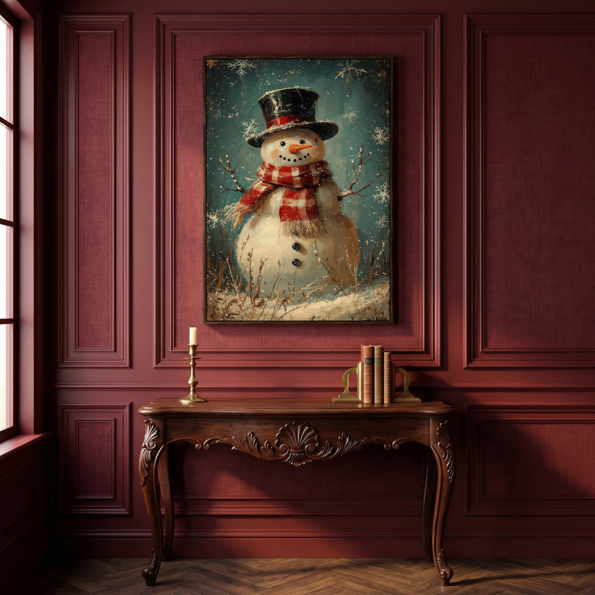 Cheerful Snowman with Scarf Canvas Print in dark walnut floating frame