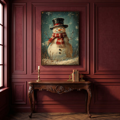 Cheerful Snowman with Scarf Canvas Print in dark walnut floating frame