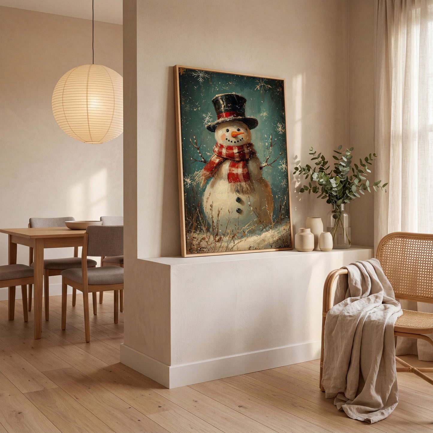 Cheerful Snowman with Scarf Canvas Print in white oak floating frame
