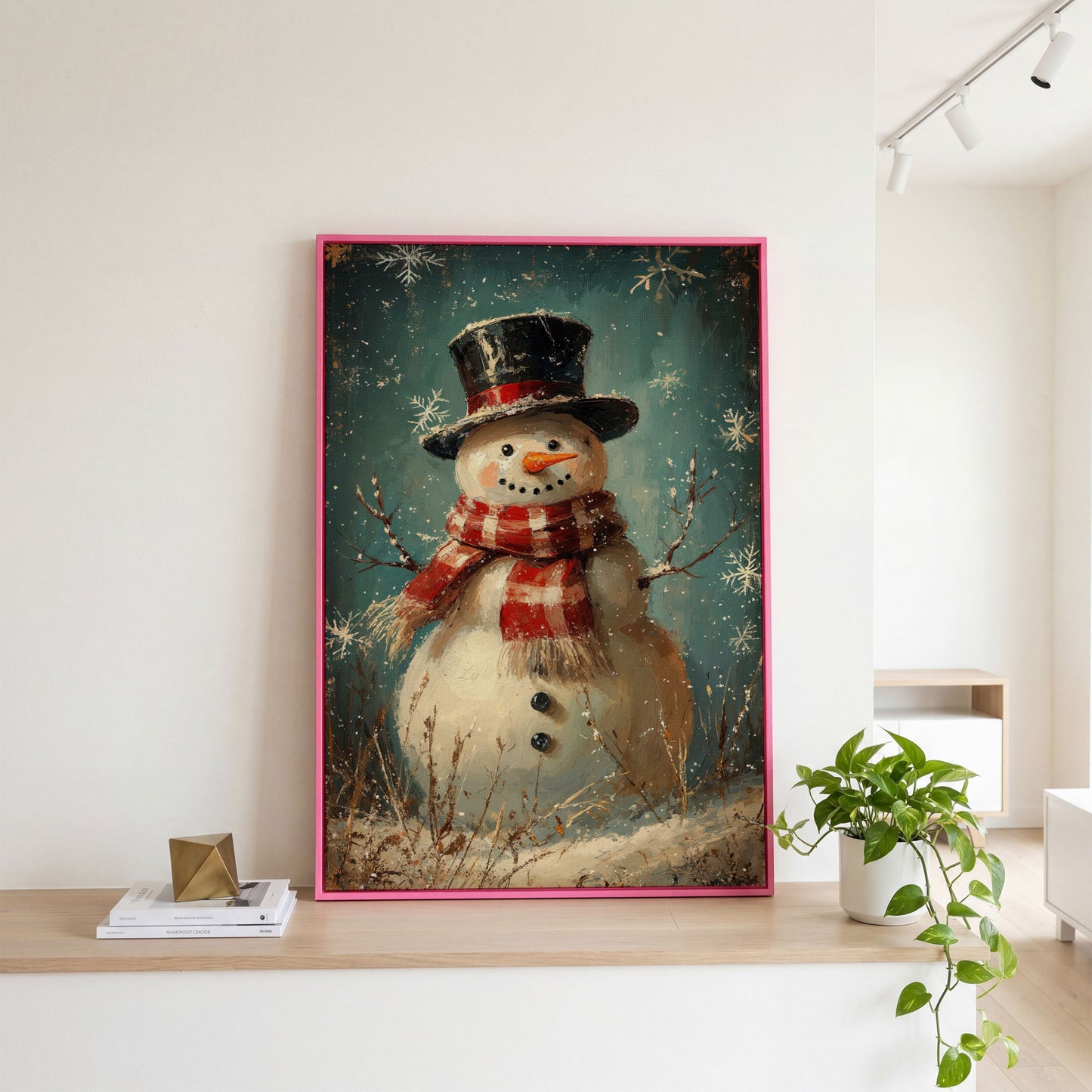 Cheerful Snowman with Scarf Canvas Print in pink floating frame