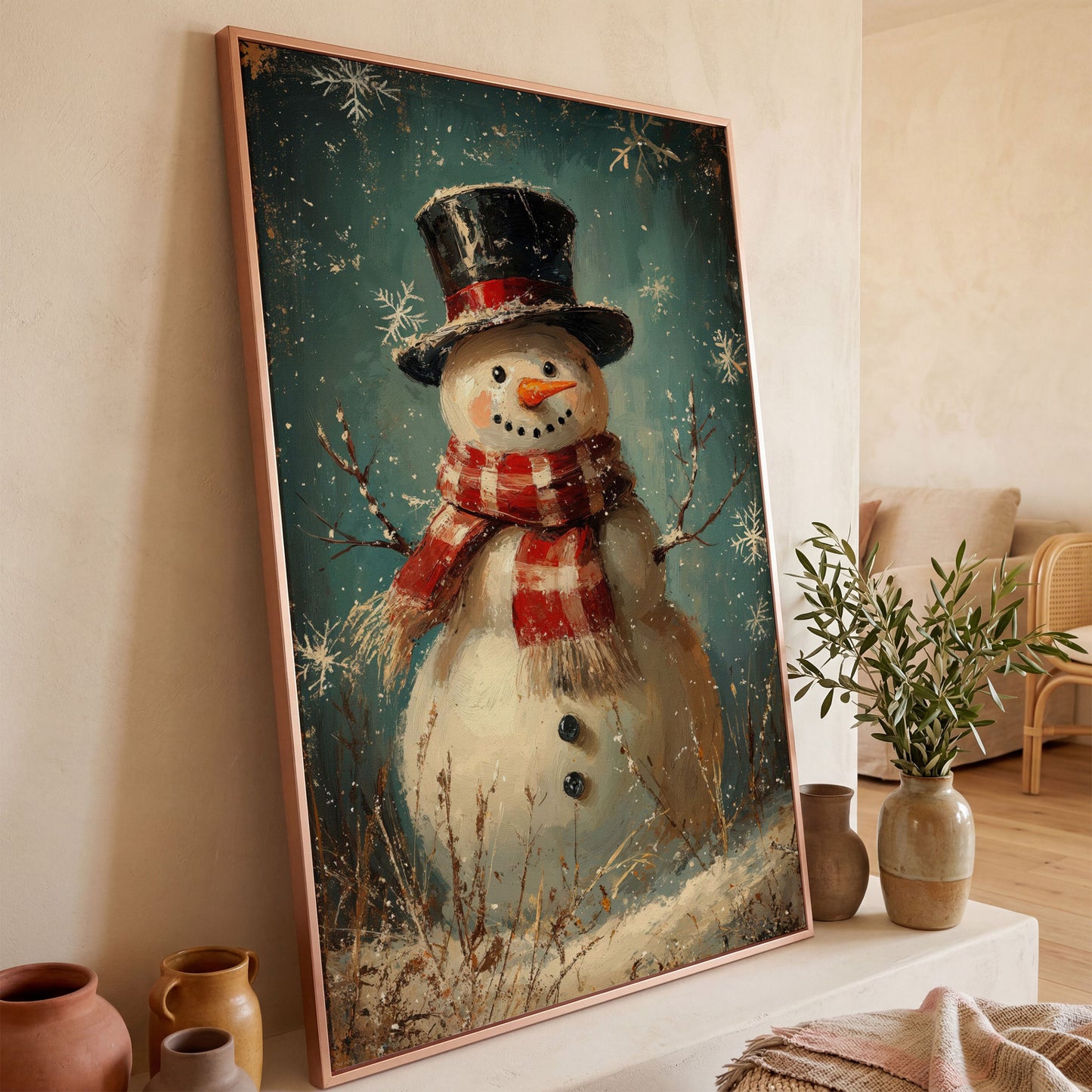 Cheerful Snowman with Scarf Canvas Print in rose gold floating frame