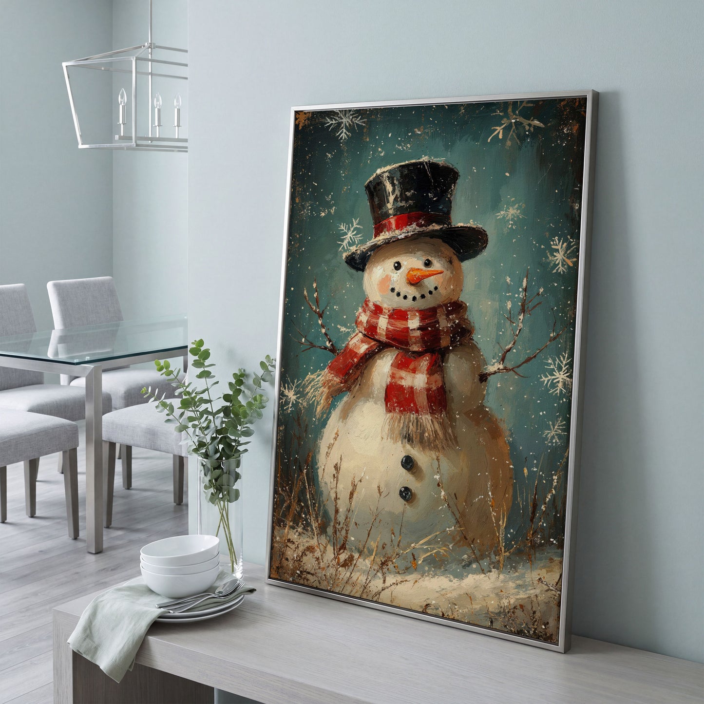 Cheerful Snowman with Scarf Canvas Print in silver floating frame