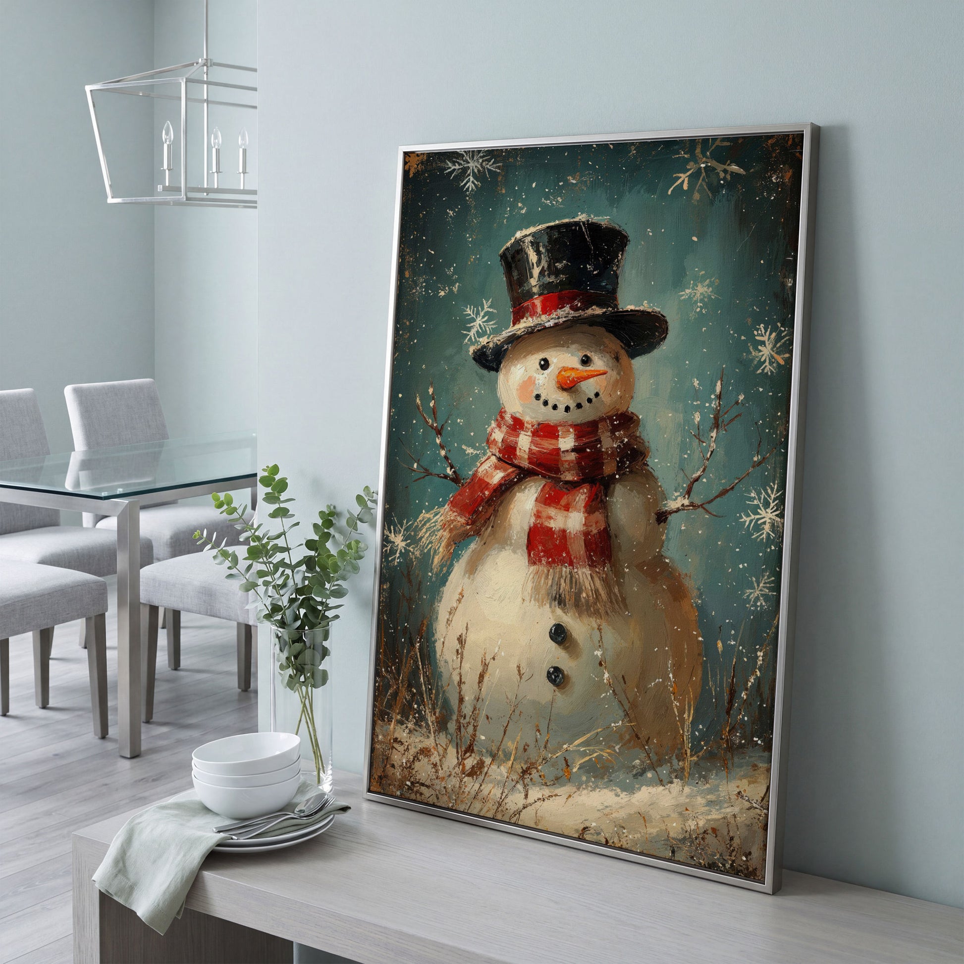 Cheerful Snowman with Scarf Canvas Print in silver floating frame