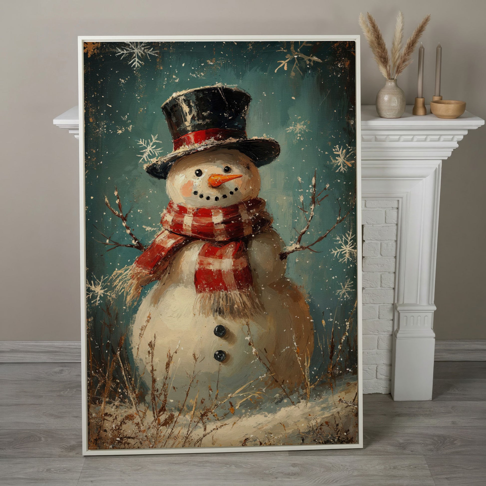 Cheerful Snowman with Scarf Canvas Print in white floating frame