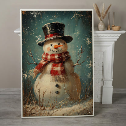 Cheerful Snowman with Scarf Canvas Print in white floating frame