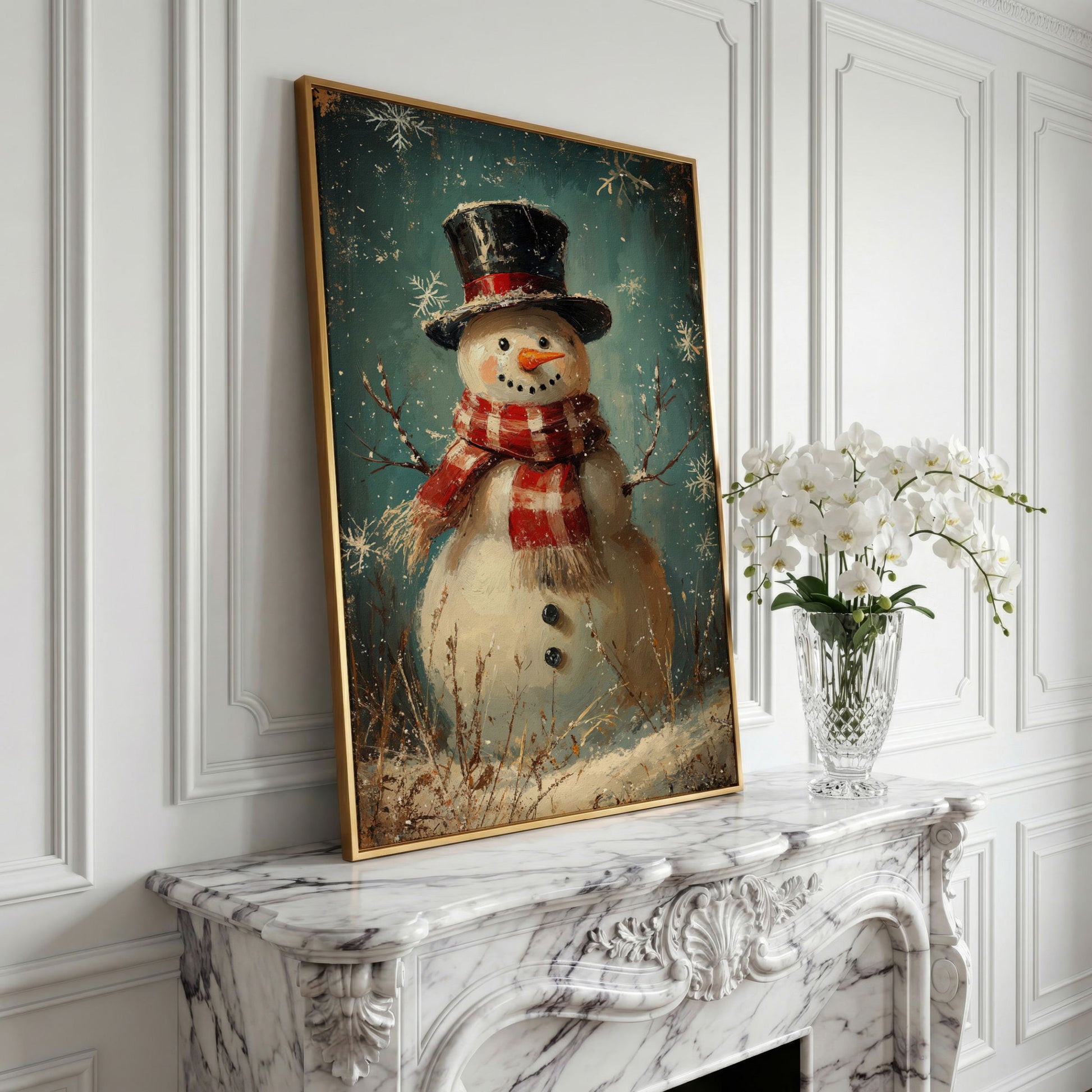 Cheerful Snowman with Scarf Canvas Print in yellow gold floating frame