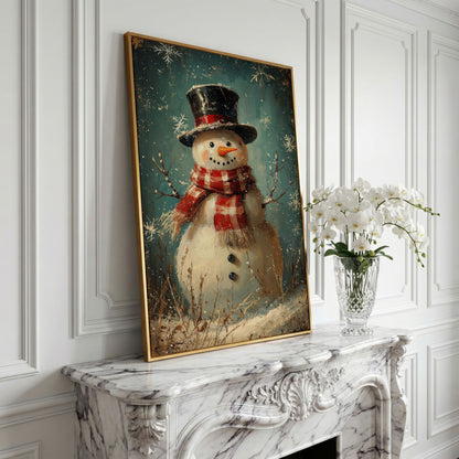 Cheerful Snowman with Scarf Canvas Print in yellow gold floating frame