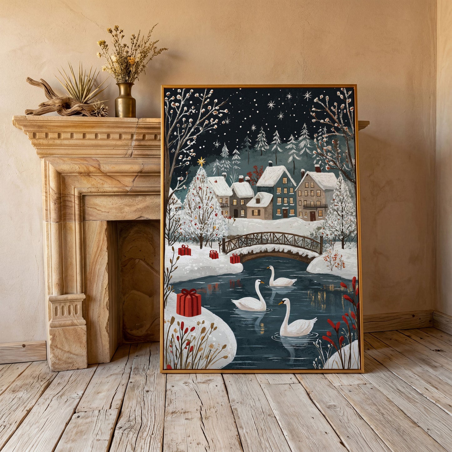 Winter Village with Swans Canvas Print in antique gold floating frame