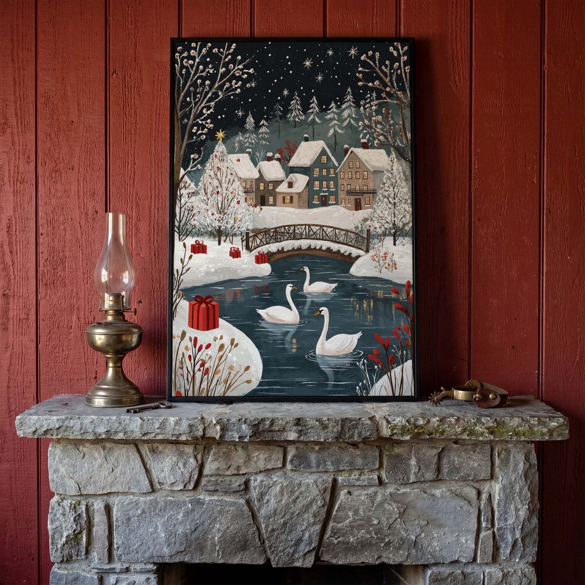 Winter Village with Swans Canvas Print in black floating frame