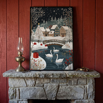 Winter Village with Swans Canvas Print in black floating frame