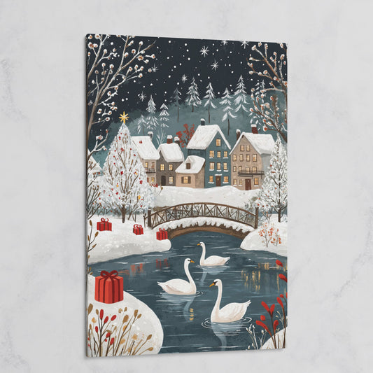 Winter Village with Swans Canvas Print on gallery wrap