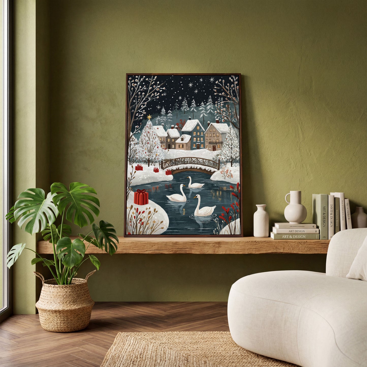 Winter Village with Swans Canvas Print in dark walnut floating frame