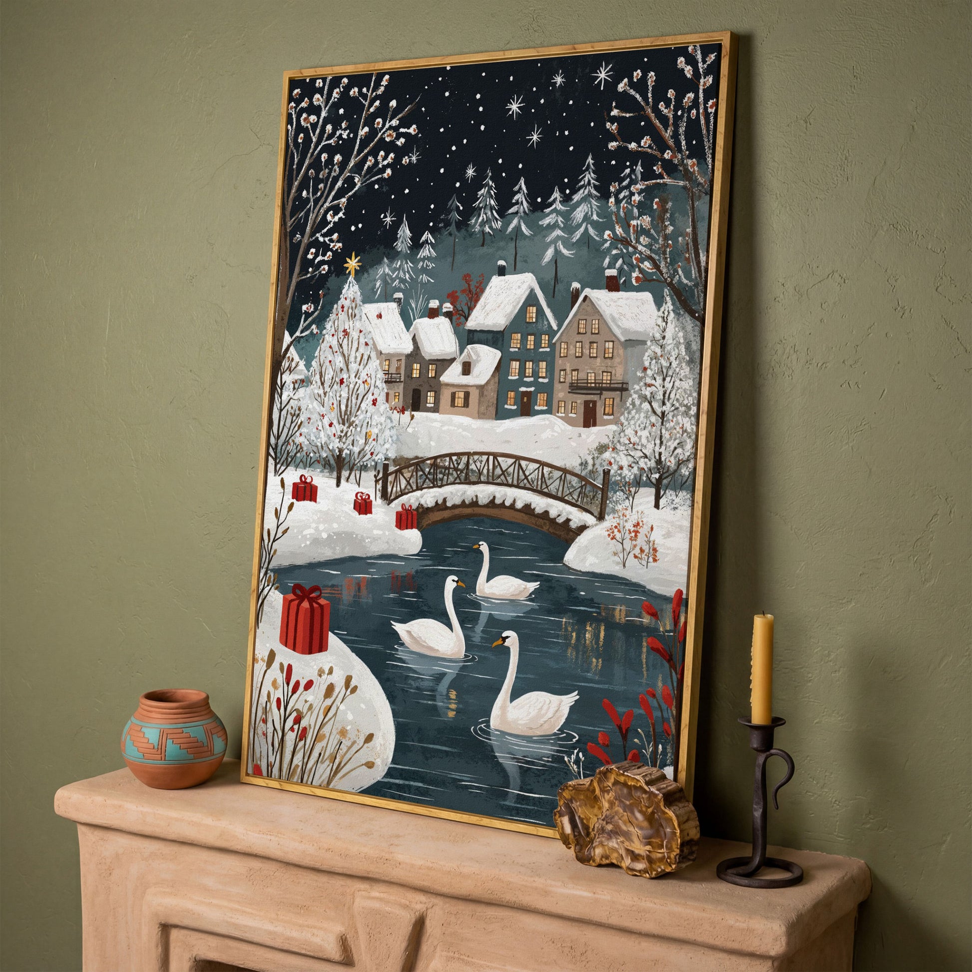 Winter Village with Swans Canvas Print in white oak floating frame