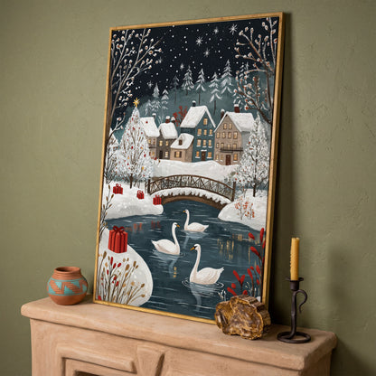 Winter Village with Swans Canvas Print in white oak floating frame