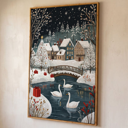Winter Village with Swans Canvas Print shown in white oak floating frame