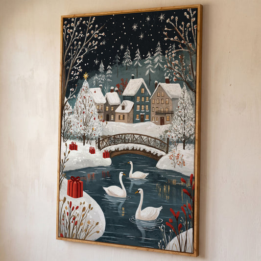 Winter Village with Swans Canvas Print shown in white oak floating frame