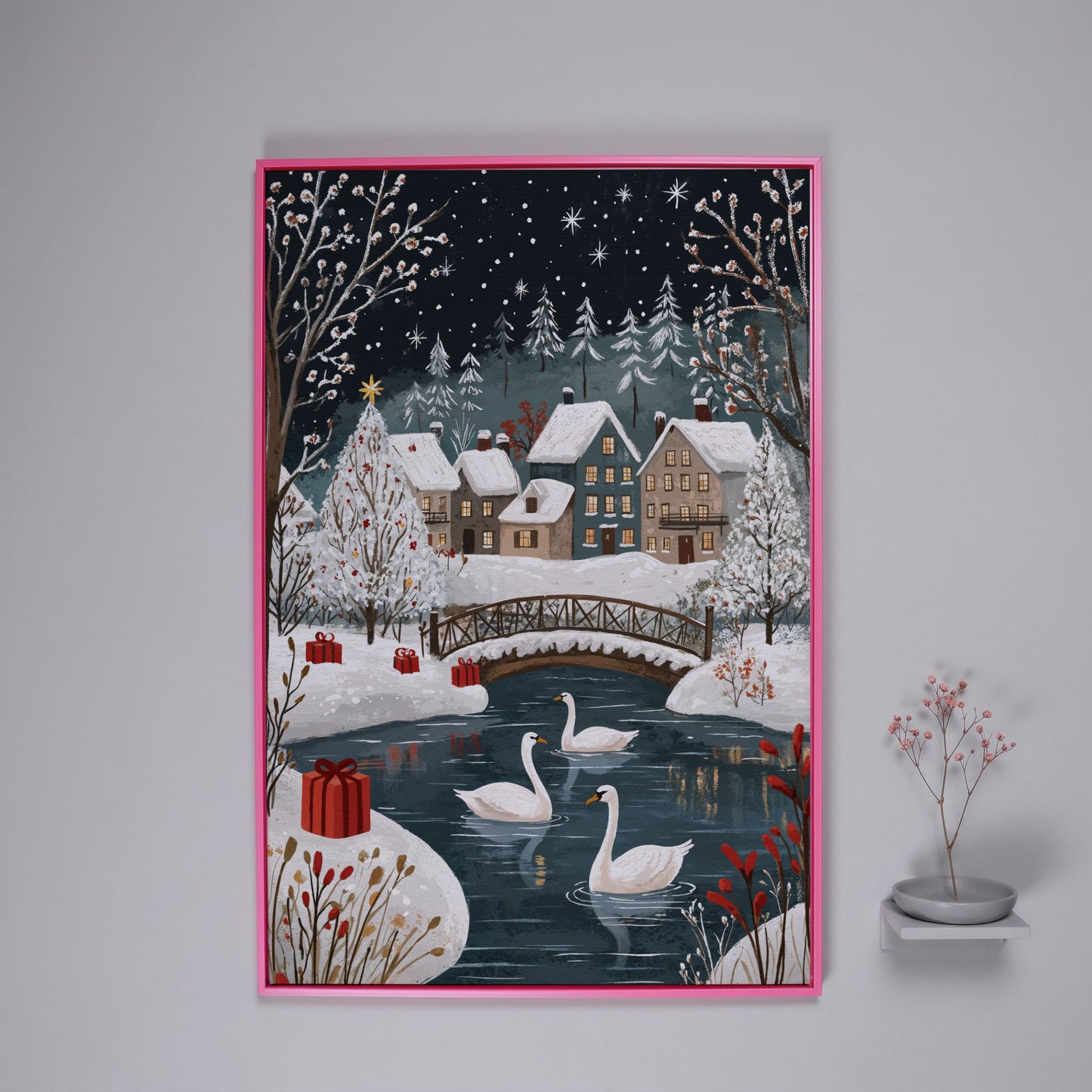 Winter Village with Swans Canvas Print in pink floating frame