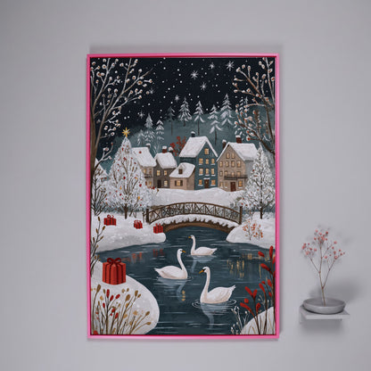 Winter Village with Swans Canvas Print in pink floating frame