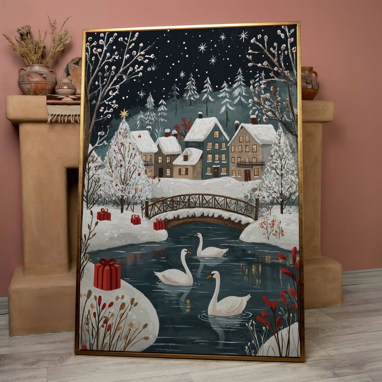 Winter Village with Swans Canvas Print in rose gold floating frame