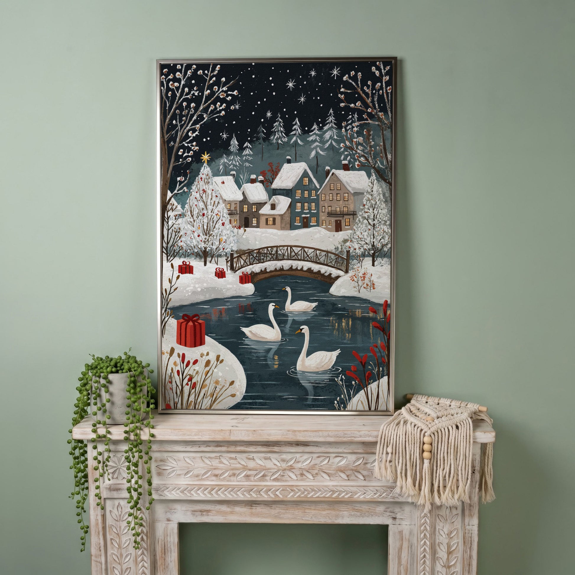 Winter Village with Swans Canvas Print in silver floating frame