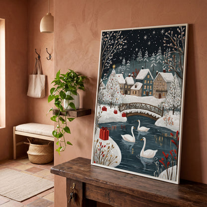 Winter Village with Swans Canvas Print in white floating frame