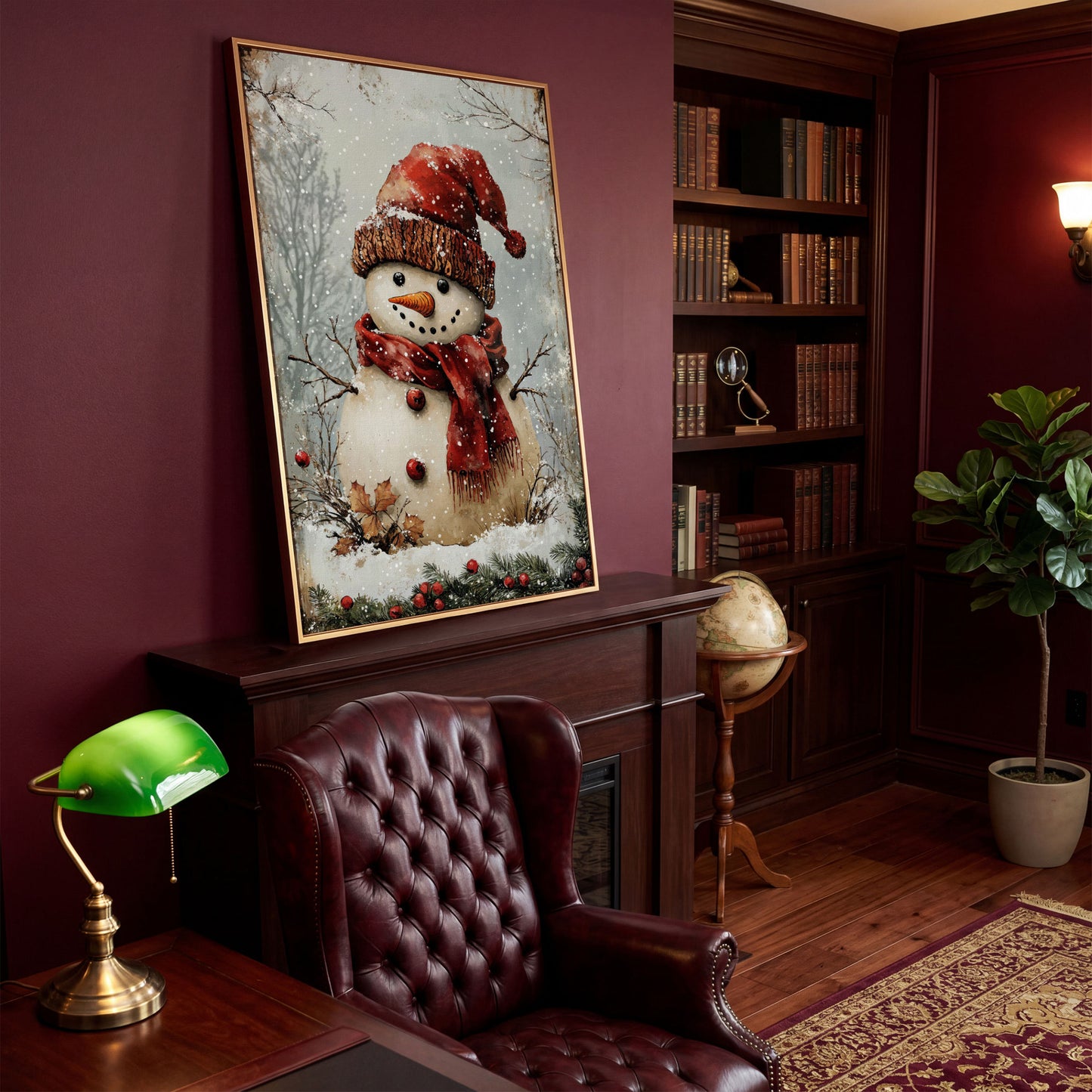 Whimsical Snowman Portrait Canvas, Rust Red & Beige in antique gold floating frame
