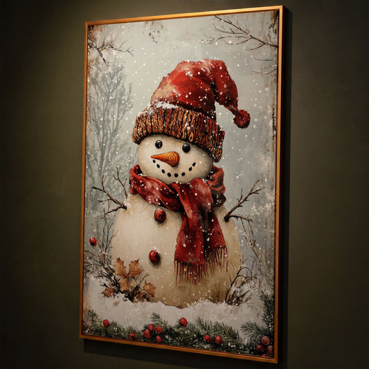 Whimsical Snowman Portrait Canvas, Rust Red & Beige shown in antique gold floating frame
