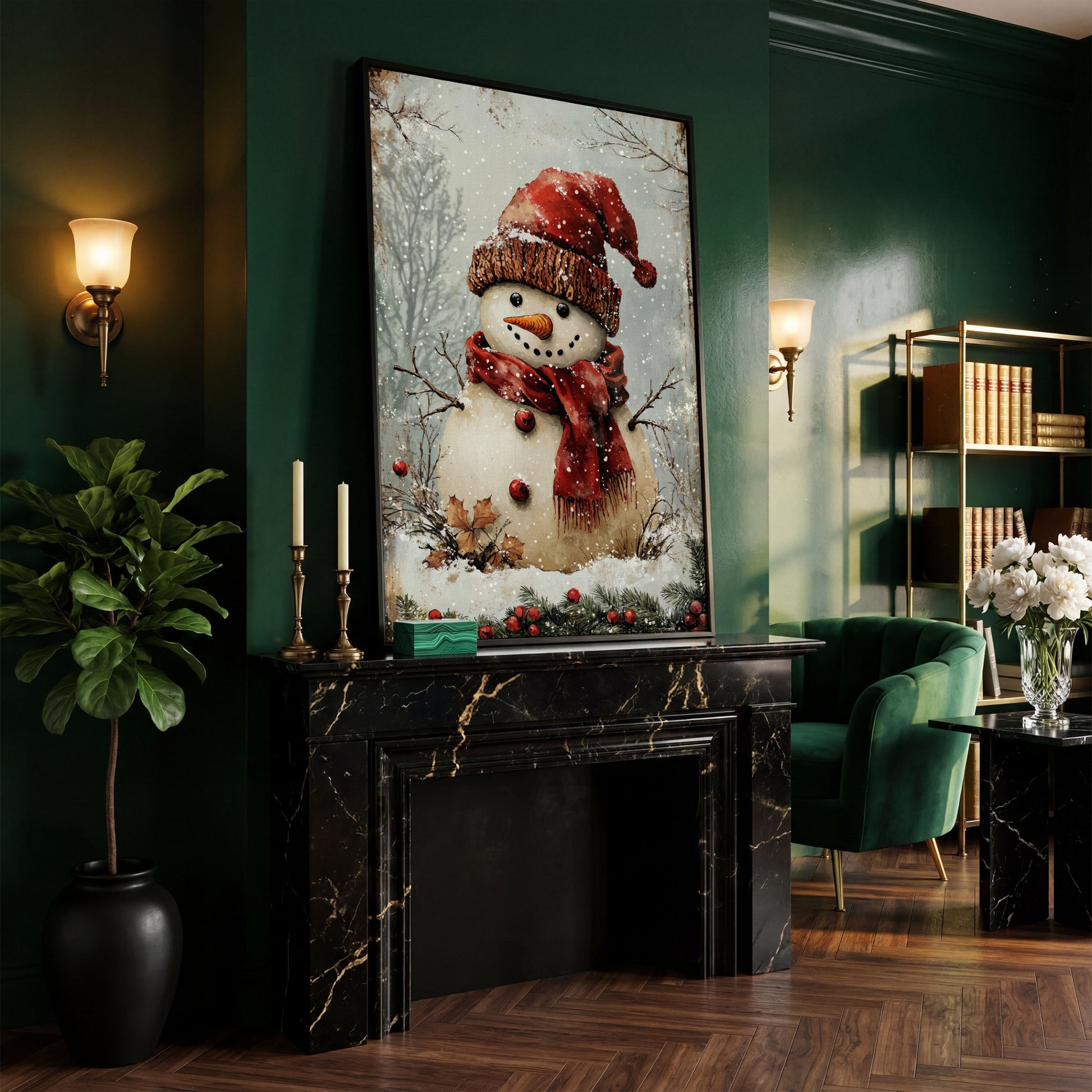 Whimsical Snowman Portrait Canvas, Rust Red & Beige in black floating frame