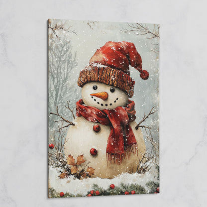 Whimsical Snowman Portrait Canvas, Rust Red & Beige on gallery wrap