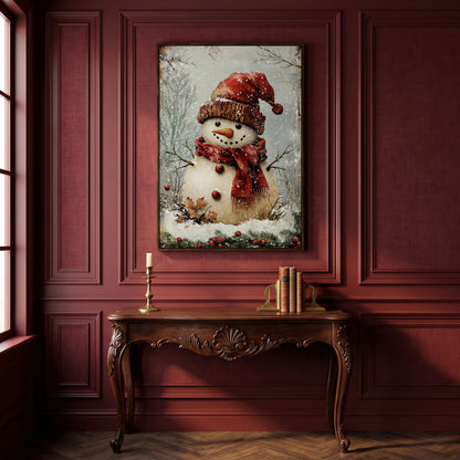 Whimsical Snowman Portrait Canvas, Rust Red & Beige in dark walnut floating frame