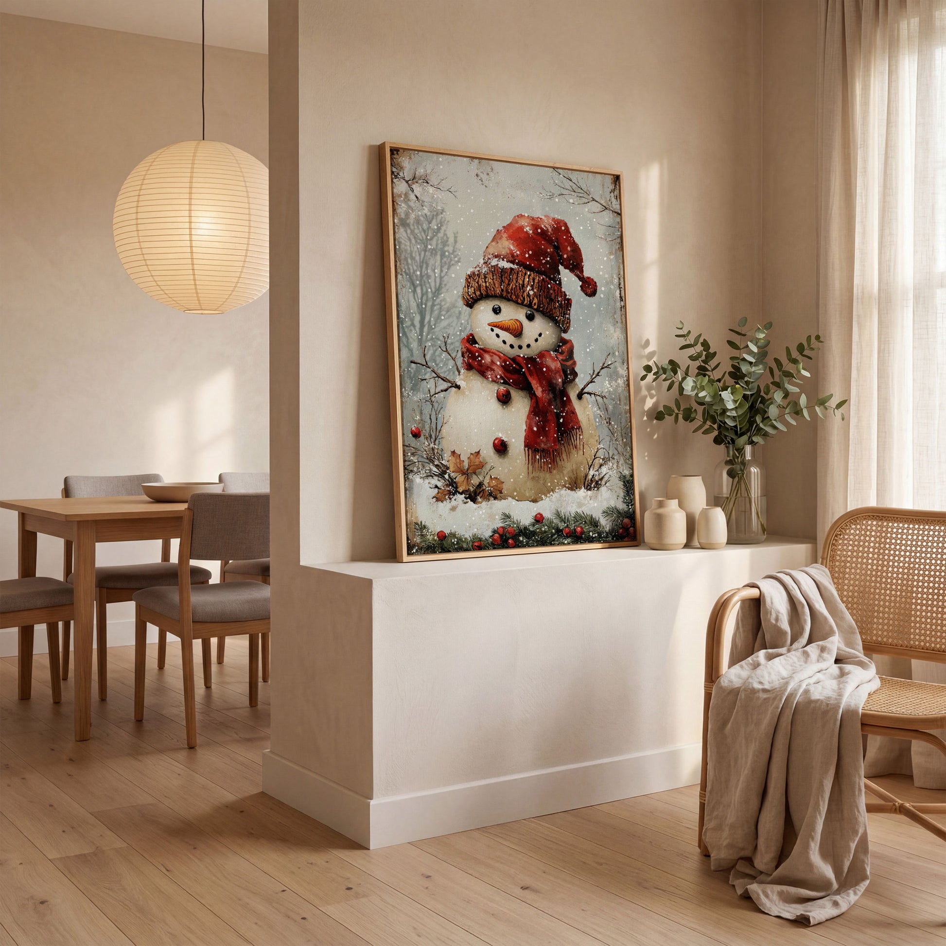 Whimsical Snowman Portrait Canvas, Rust Red & Beige in white oak floating frame