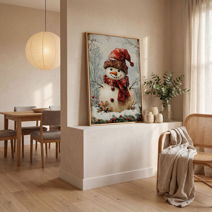 Whimsical Snowman Portrait Canvas, Rust Red & Beige in white oak floating frame