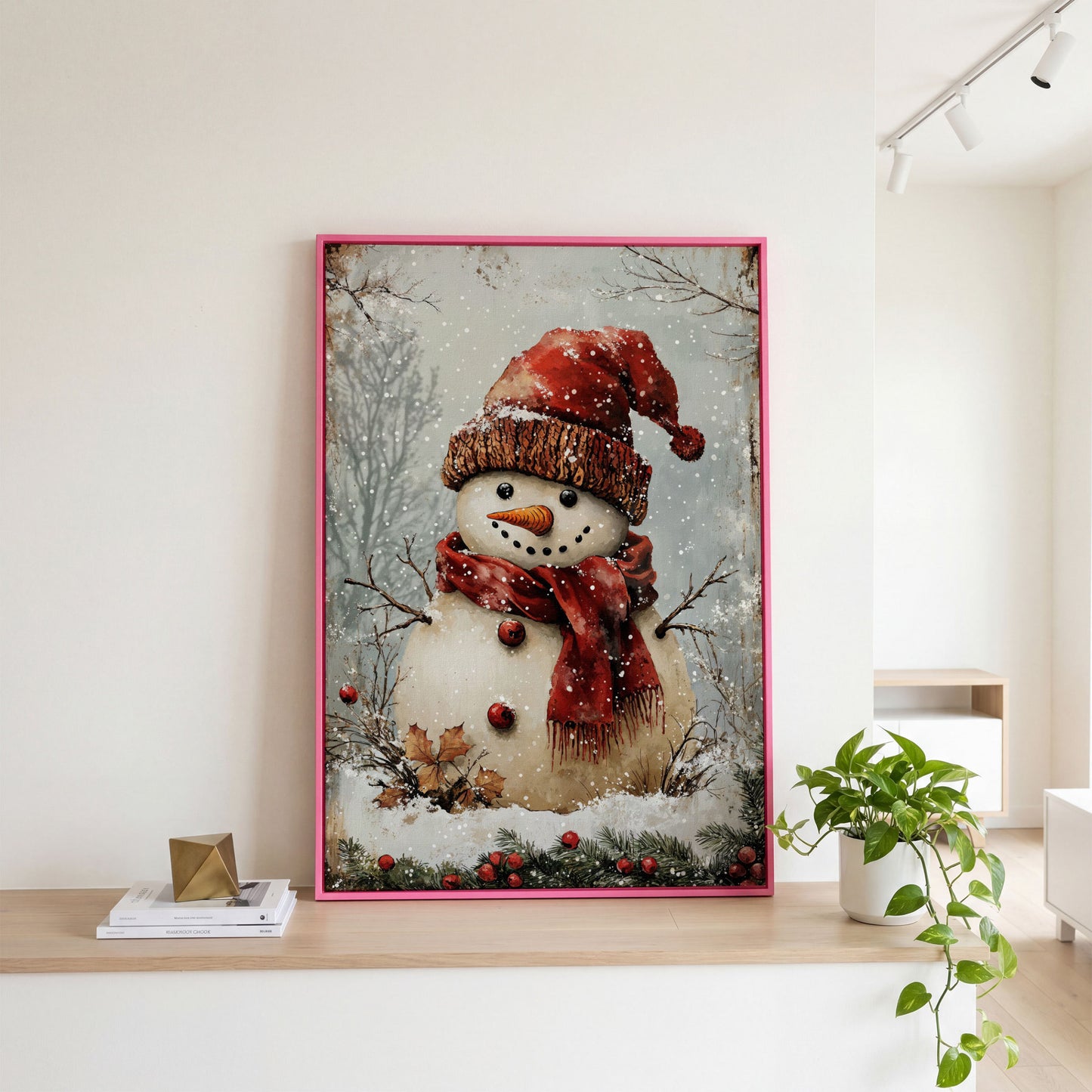 Whimsical Snowman Portrait Canvas, Rust Red & Beige in pink floating frame